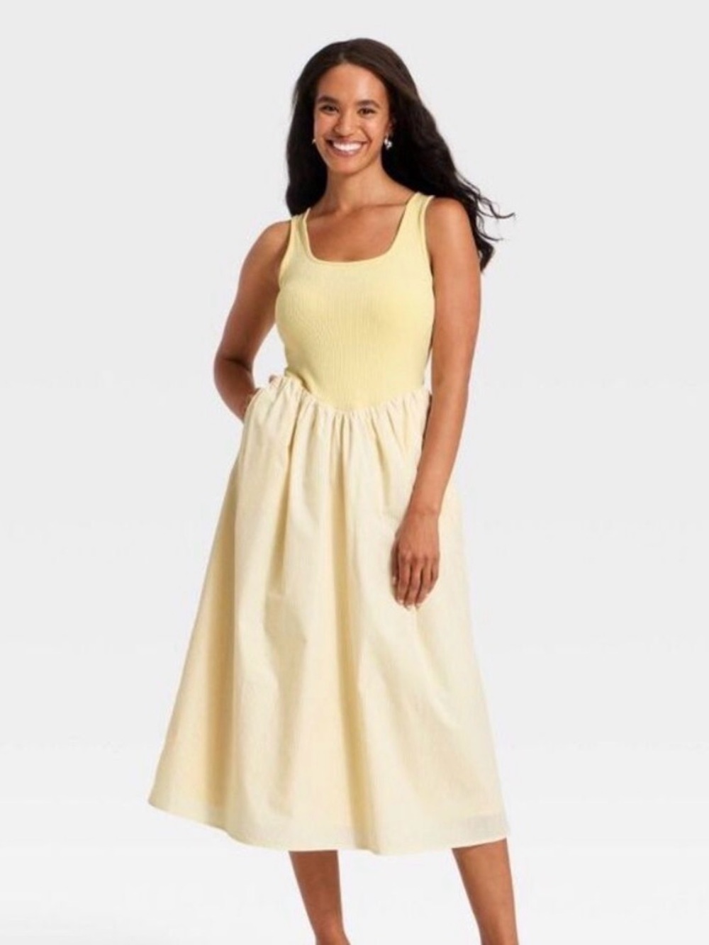NWT A New Day Knit to Woven Pale Yellow & Cream Striped Sleeveless Midi Dress